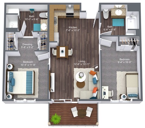 Floor plan for 2 beds, 2 baths, 800 sqft